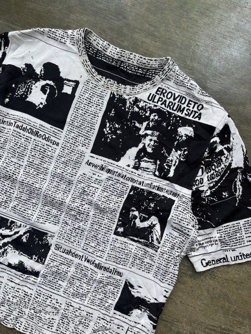 Newspaper Aop Knitted Top (Category: Others Tops) located in Kalibo. Submitted by notdavaaa (Listing ID 1465422231, Image 2). Description: Size: Small fittings Dimes: W: 17 L: 19 Like new condition, No tags Color Rate: 9.8/10.