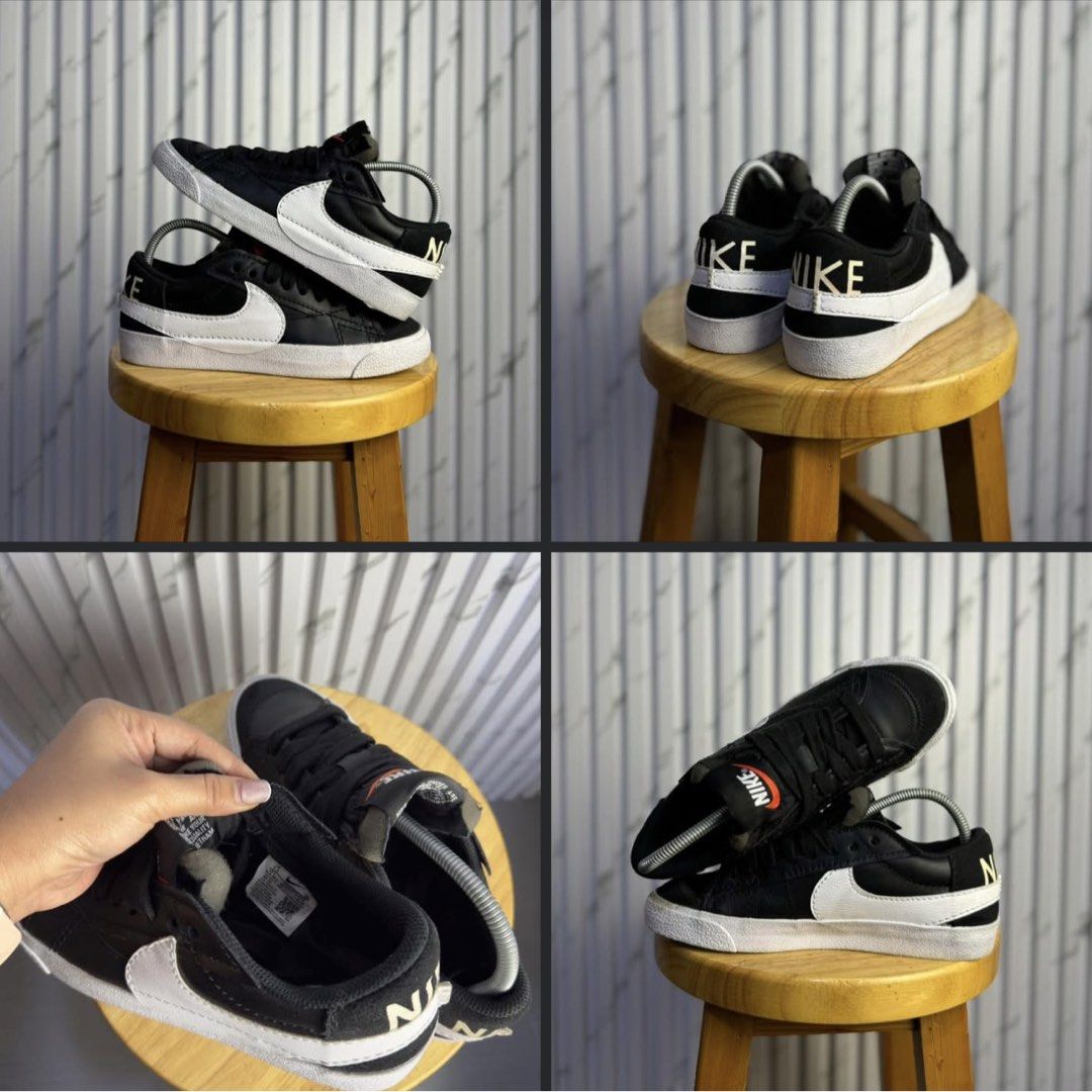 Nike Blazer Low Black White Sneakers (Category: Sneakers) located in Caloocan City. Submitted by mzcollection_349 (Listing ID 1465433888, Image 1). Description: - Brand: Nike Blazer Low - Color: Black and white with orange tongue tag and gold heel text - Material: Premium leather upper with white rubber sole - Condition/Inclusions: Comes with shoe trees inside - Style: Classic low-top design, easy to match with any outfit.