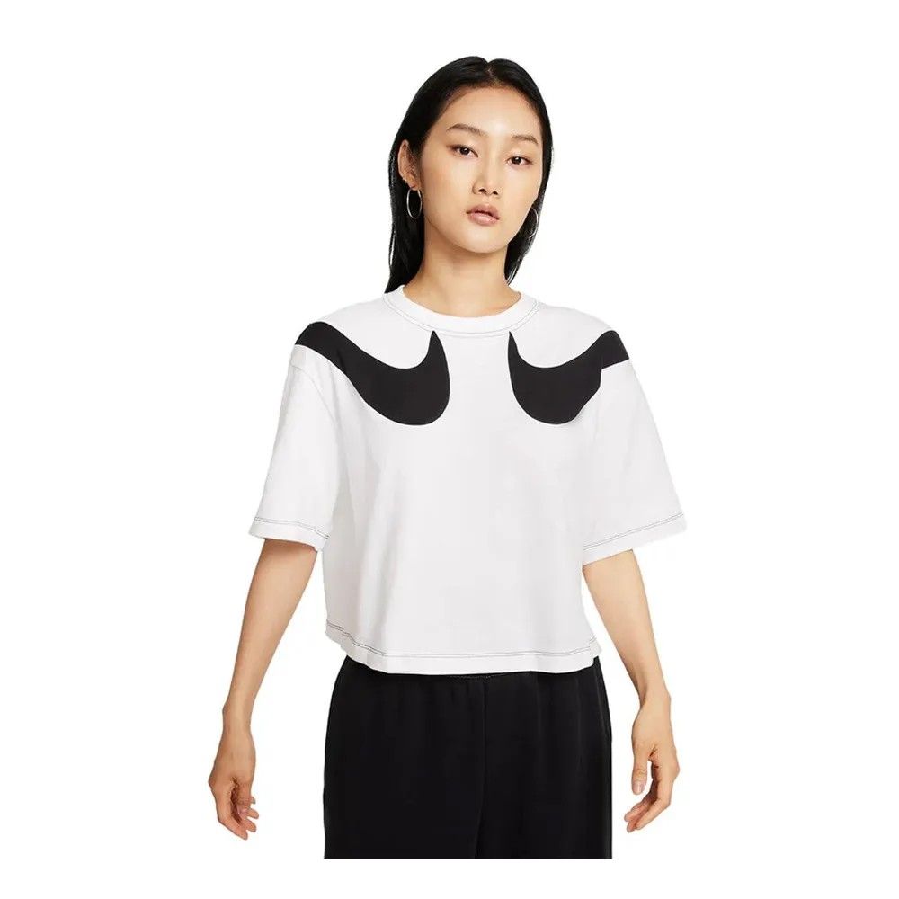 Nike Oversized Swoosh Crop Top (Category: Shirts) located in Taguig. Submitted by althriftdailyloots94 (Listing ID 1465471203, Image 1). Description: - Brand: Nike - Style: Cropped tee with oversized wrap-around black swoosh logos - Fit: Relaxed, boxy fit - Details: Crew neck, short sleeves, and contrast stitching along hems - Size: XL - Material: Cotton (Made in China) - Condition: Clean and ready to wear authentic/Legit need wash only.