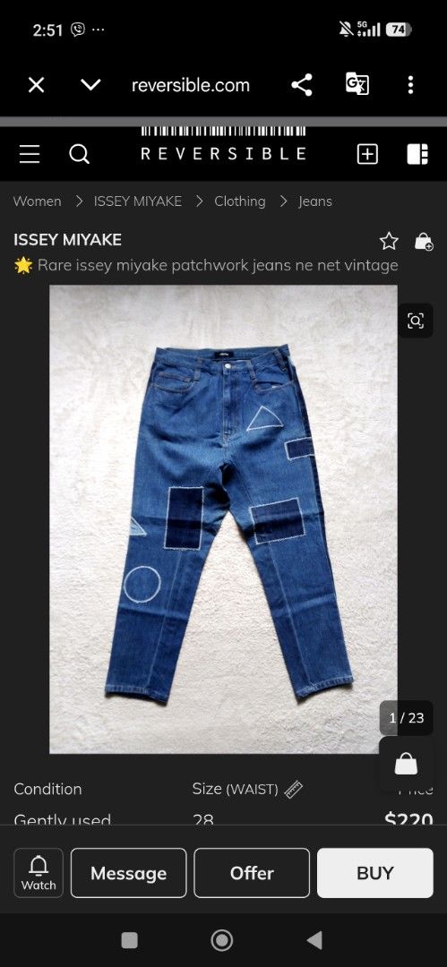 Né-net Patchwork Denim Jeans (Category: Jeans) located in Taytay. Submitted by bunsoanglo096 (Listing ID 1465413805, Image 2). Description: Size 3 on tag waist -30 length -35 - Brand: Né-net (Vintage Japanese Designer) - Style: Straight leg patchwork denim jeans with button fly and branded hardware - Wash: Medium wash blue with dark indigo block panels - Design Details: Contrast geometric shapes (triangles, squares, circles) and standout white st