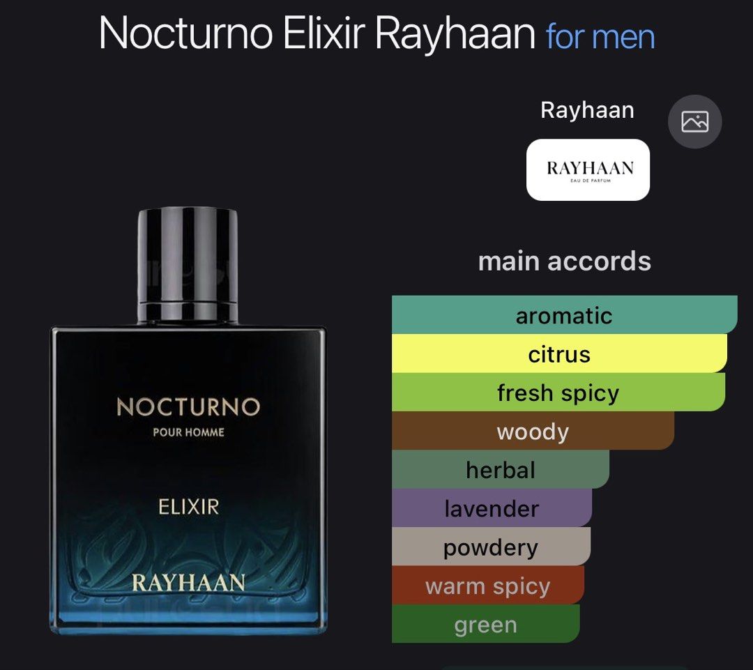 Nocturno Elixir Rayhaan Pour Homme Eau De Parfum (Category: Fragrance & Deodorants) located in Quezon City. Submitted by brave_dowayne (Listing ID 1465533419, Image 1). Description: - Brand/Fragrance: Rayhaan Nocturno Elixir pour homme - Main Accords: Aromatic, citrus, fresh spicy, woody, herbal, lavender, powdery, warm spicy, and green notes - Bottle Design: Sleek dark bottle with a blue gradient base and elegant gold lettering - Versatility: St