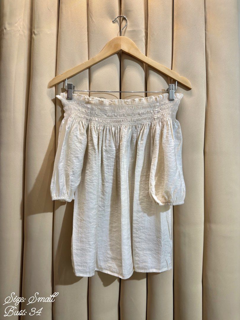 Off Shoulder Top (Category: Others Tops) located in Manila. Submitted by glamstylemnl (Listing ID 1465457986, Image 1). Description: ♡ SIZE: Small ♡ BUST: 34 ♡ Swipe left to see the actual color & details ♡ shirred neck / relaxed elbow length sleeves ♡ HQ • 10/10 ♡ Ready to wear 👚.
