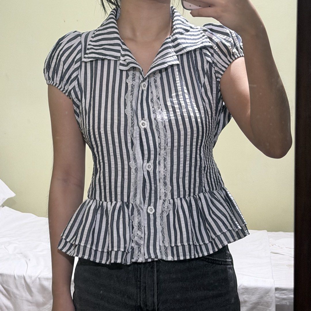 Striped Buttoned Collared Office Work Top Peplum Style (Category: Blouses) located in Manila. Submitted by arinfinds (Listing ID 1465454321, Image 1). Description: size XS-M - ribbon at the back - peplum style - bought in Bangkok, Thailand rfs: not my style anymore price is firm used twice only t. zara h&m pull&bear bershka miu the label beyond collective phia the label isa the label bangkok thailand vietnam top.