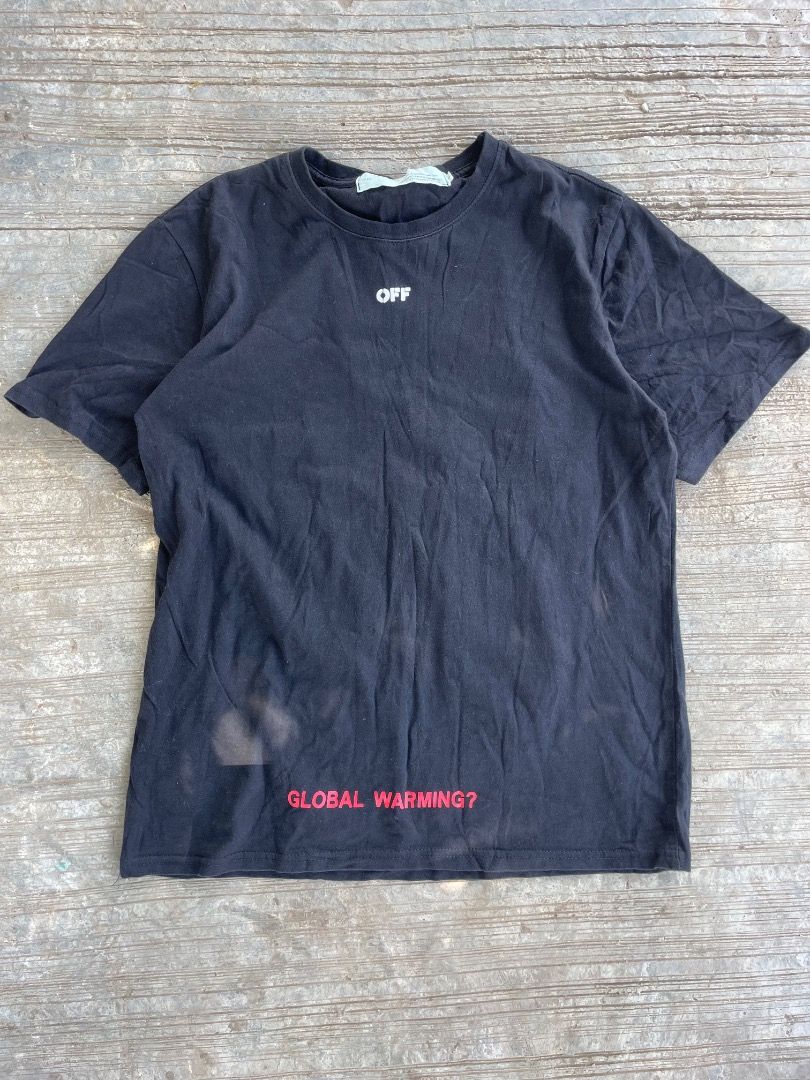 Off-White Global Warming Cherry Blossom Arrow T-Shirt (Category: Shirts) located in Puerto Princesa. Submitted by bestthrift123 (Listing ID 1465404677, Image 1). Description: - Brand: Off-White - Color: Black - Design: Iconic diagonal arrows on the back overlaid with cherry blossom graphics - Detail: Red 'GLOBAL WARNING?' text printed near the bottom hem - Fit: Standard streetwear fit, short sleeves, crew neck - Material: 100% comfortable cotton 