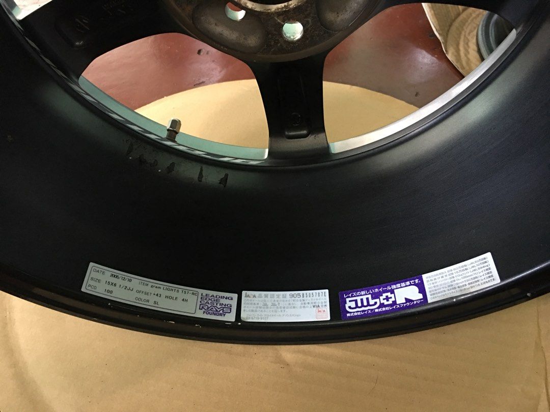 Orig Rays Gramlights T57-RC (Category: Mags and Tires) located in Quezon City. Submitted by aremcy29 (Listing ID 1465398422, Image 3). Description: Orig Rays Gramlights T57 - RC) 15x6.5 +43 4x100 With center caps Issue: Lip gutter marks and some spoke scratches With pantayo tires (expired) RFS: Decluttering, extra set 40k (negotiable).