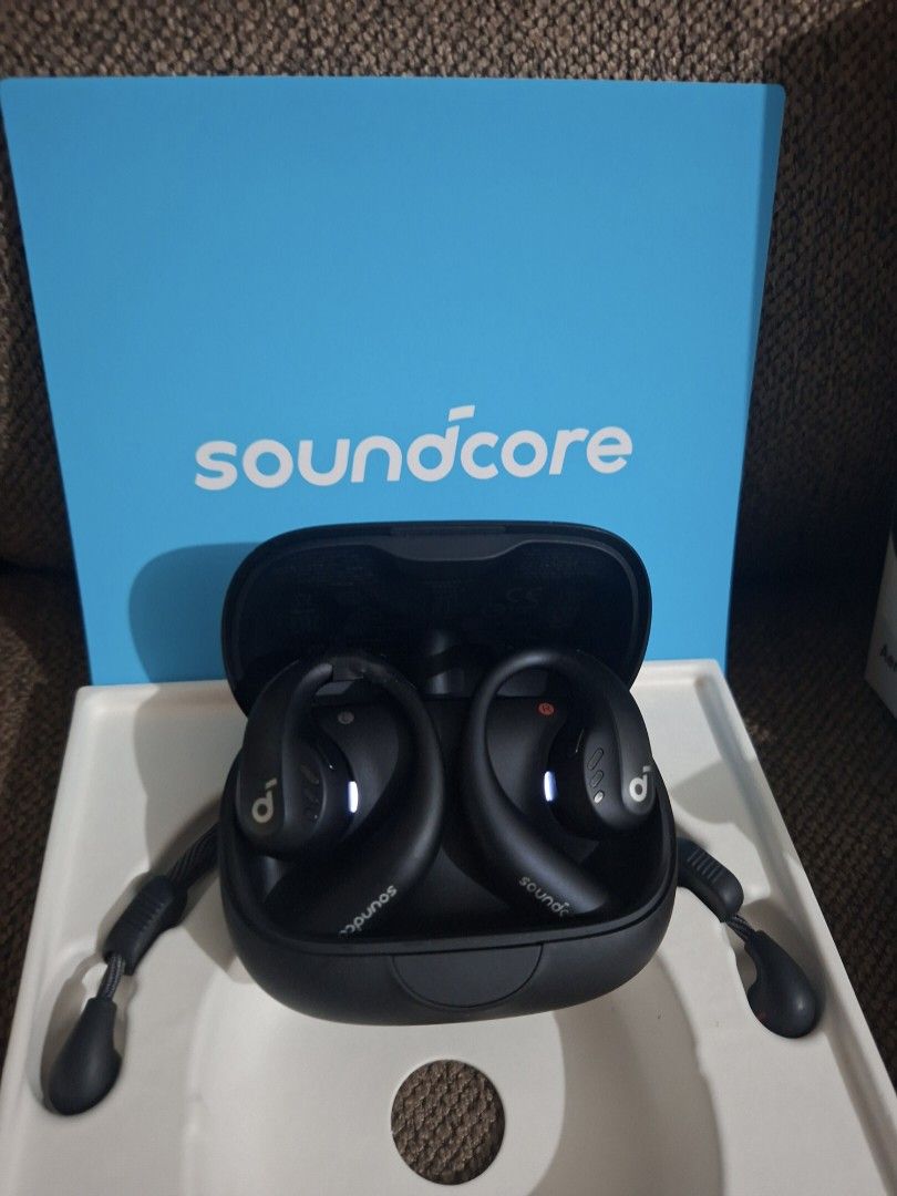 ORIGINAL Soundcore AeroFit Pro True Wireless Earbuds (Category: Earphones) located in Quezon City. Submitted by zachyboy123 (Listing ID 1464515618, Image 2). Description: selling my favorite earbuds!!!T.T - Includes charging case - usb cable charger - free silicone case cover - Neck strap included - surround Sound (my fav feature) - Bluetooth - App for sound effect customization - with original box - open-ear type defects: 1.may konting gasgas(se