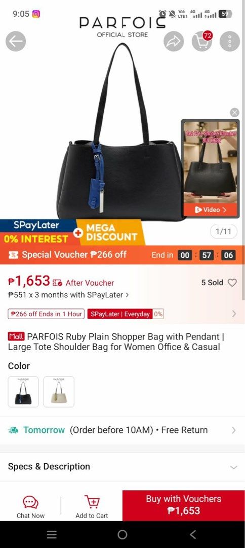 PARFOIS Ruby Plain Shopper Bag with Pendant (Category: Tote Bags) located in Caloocan City. Submitted by fancyprelovedthings (Listing ID 1465383256, Image 3). Description: - Brand: PARFOIS (Ruby Plain Shopper Bag) - Color: Classic Black with a stylish blue pendant charm - Style: Large tote / shoulder bag with dual top handles - Closure: Secure top zip - Material/Finish: Solid pebble-textured finish - Capacity: Roomy interior fits work laptops, do