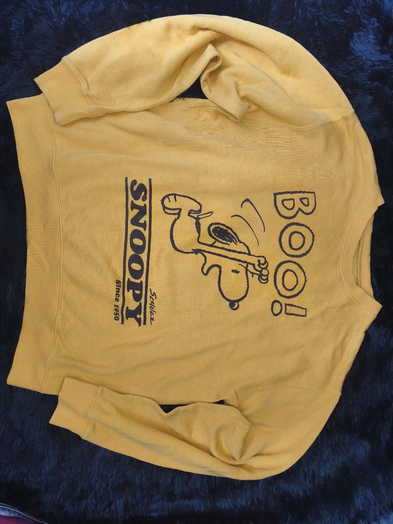 Peanuts Snoopy Boo! Yellow Sweatshirt (Category: Longsleeves) located in Manila. Submitted by gelog2 (Listing ID 1465383232, Image 1). Description: - Authentic Peanuts Snoopy sweatshirt in a vibrant bright yellow color - Front design features a cute Snoopy graphic with 'Boo!' and 'SNOOPY Since 1950' text - Back features the classic Peanuts logo and 'Since 1950 The World Famous Comic Strip' graphic - Comfortable relaxed fit pullover style with lon