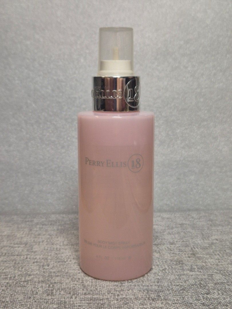 Perry Ellis 18 Body Mist 4 fl oz (Category: Fragrance & Deodorants) located in Paranaque City. Submitted by erinnnm (Listing ID 1465535460, Image 1). Description: - Brand/Scent: Perry Ellis 18 Body Mist - Size: Standard 4 fluid ounces - Packaging: Pink bottle with clear cap, no functioning spray nozzle - Scent Profile: Freshly bottled, light, and perfect for everyday casual wear - Reason for Selling: Vanity Decluttering, No spray nozzle.