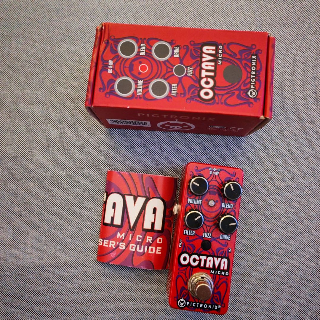 Pigtronix Octava Micro Fuzz Guitar Pedal (Category: Musical Instruments) located in Quezon City. Submitted by beastwood (Listing ID 1465421190, Image 1). Description: Octava is an all-analog octave fuzz / frequency doubler featuring an on-board low pass Filter control that allows you to achieve singing octave up tones anywhere on the neck, without adjusting your guitar’s tone control. A front-end Drive and gushing Fuzz circuit add signal power an