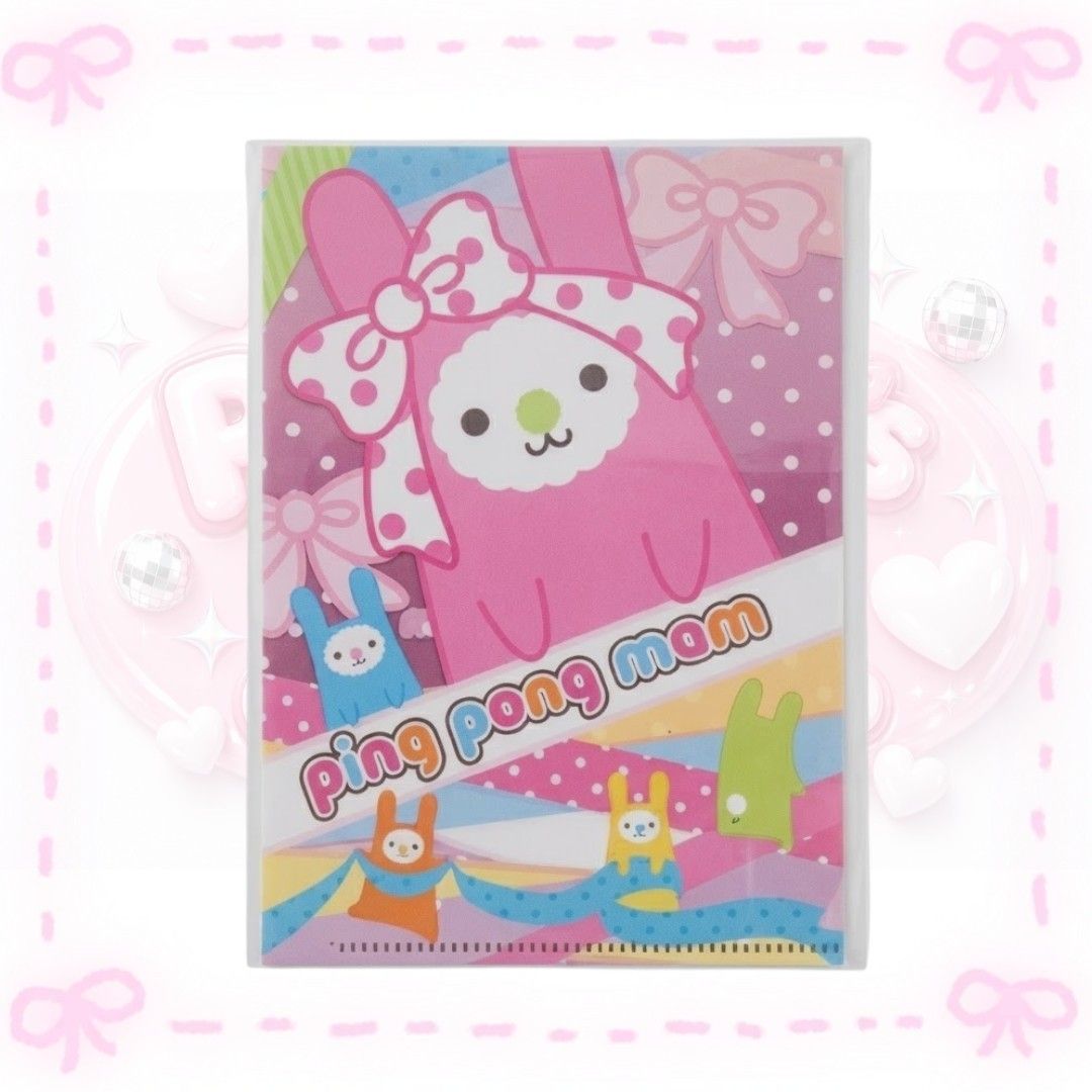 Ping Pong Mom Cute Bunny Character File Folder (Category: Stationery & School Supplies) located in Sorsogon. Submitted by mitchelle0425 (Listing ID 1465527406, Image 1). Description: - Brand: Ping Pong Mom - Design: Pink theme featuring a large bunny with a polka dot bow and playful colorful rabbits along the bottom - Material: Durable clear plastic - Function: Keeps documents and papers neat and organized - Style: Cute, playful, and eye-catching