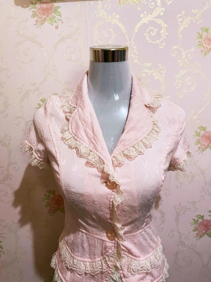 Pink Coquette Lace top (Category: Blouses) located in Davao. Submitted by glamour_ethereal (Listing ID 1465428991, Image 2). Description: actual size XS-S (but medium on tag) bust 32-33 waistline 25-27.
