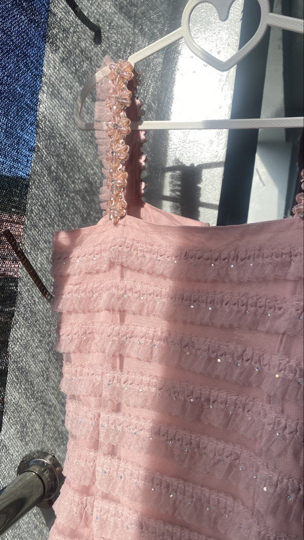 Pink Ruffle Mini Dress Beaded Straps (Category: Evening dresses & gowns) located in Baguio. Submitted by dreshop (Listing ID 1465421041, Image 3). Description: Dusty pink size S-L Not stretchy The beaded straps are weighted No issues Zipper at back MOP BANK TRANSFER MOD JNT.