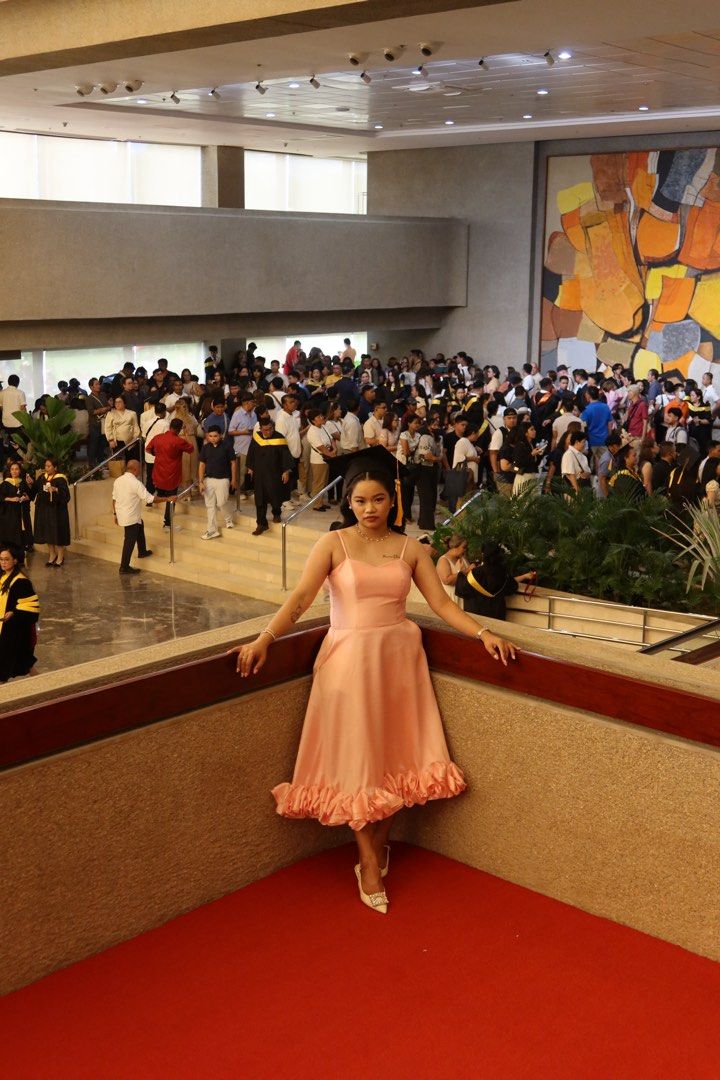 Pink Spaghetti Strap Midi Dress with Ruffled Hem (Category: Dresses) located in Quezon City. Submitted by bibiyhill (Listing ID 1465555896, Image 2). Description: - Color: Light pink - Style: Midi dress with spaghetti straps and a sweetheart neckline - Details: Full skirt with big ruffles along the bottom hem - Fabric: Gazaar - Length: Hits around mid-calf - Condition: Worn once for graduation photos, still in great shape - bust is 33-34 waist, 2
