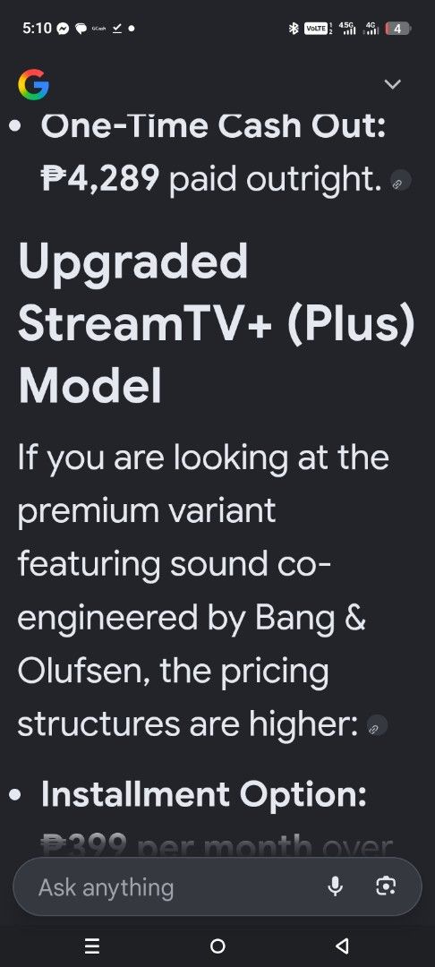 PLDT Upgraded StreamTV+ Plus Model Bang & Olufsen (Category: TV Parts & Accessories) located in Quezon City. Submitted by zealstone_baf57c (Listing ID 1465455906, Image 2). Description: - Brand new upgraded StreamTV+ Plus Model - Premium sound co-engineered by Bang & Olufsen - One-time cash out: ₱10,990 upfront - Installment option 1: ₱549 per month for 24 months - Installment option 2: ₱399 per month for 36 months.