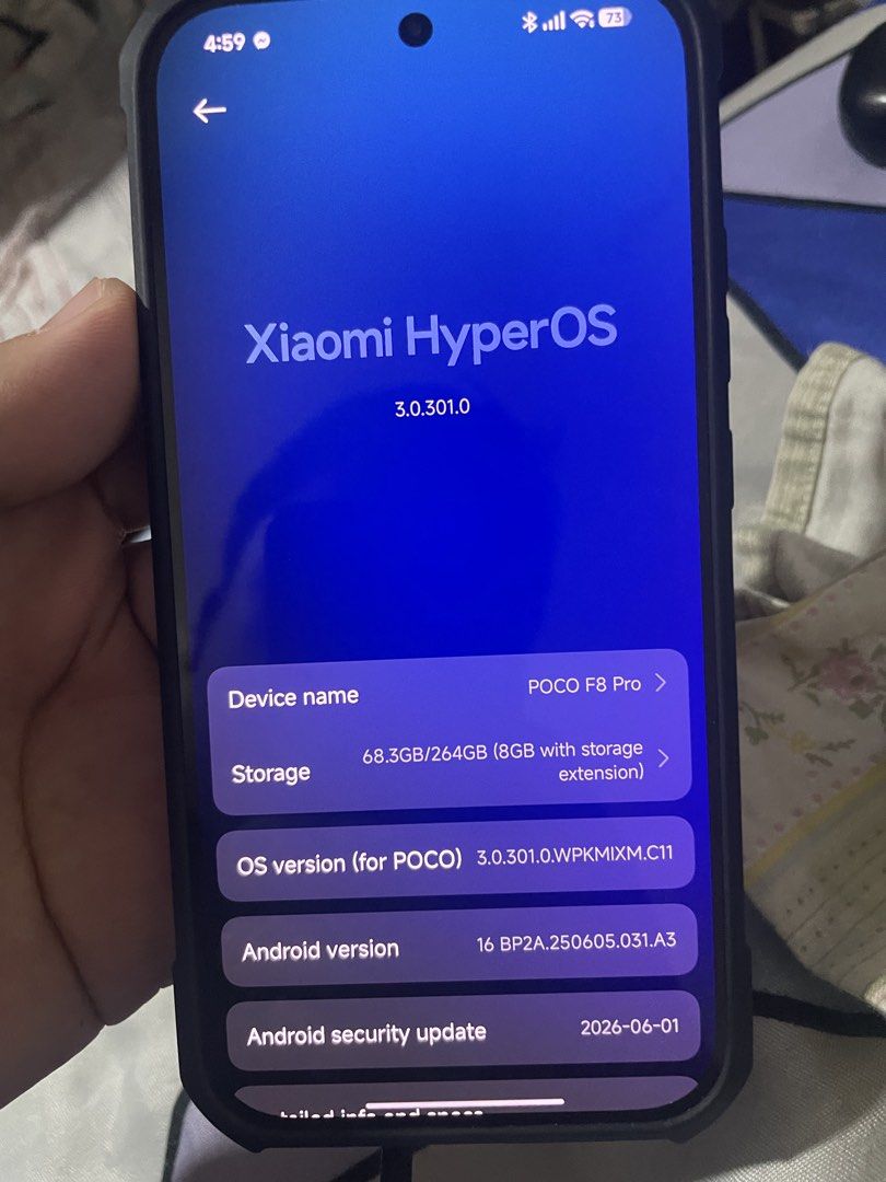 Poco f8 pro (Category: Xiaomi) located in Meycauayan. Submitted by vrosspaz (Listing ID 1465386219, Image 3). Description: POCO F8 Pro (12GB + 256GB / 512GB) — Pristine Condition * Condition: Used since March, excellent overall. Minor, barely noticeable hairline scratches on the screen (completely invisible once the screen is on or with a protector applied). Body and back are clean. * Inclusions & Freebies: * Original Box * Original 100W Fast Cha