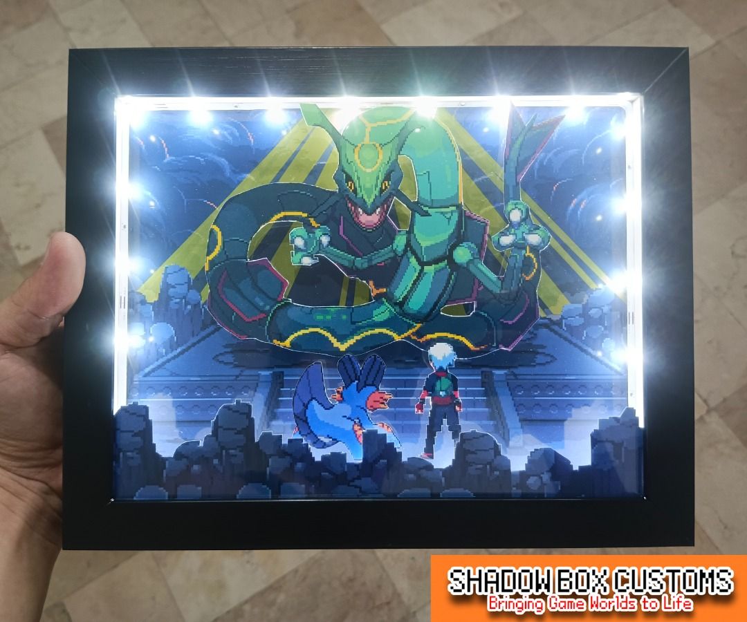 Pokemon Emerald - Rayquaza Video Game Shadow Box (Category: Nintendo) located in Quezon City. Submitted by natzuki10 (Listing ID 1465400554, Image 2). Description: Pokemon Emerald - Rayquaza Video Game Shadow Box Height: 8 inches Width: 10 inches *Handmade Pixel Shadow Boxes *Accepting Customized Designs *Perfect for Gamers & Collectors #videogames #nintendo #roomdecor #collection #gamer #gift .