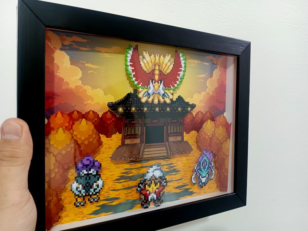 Pokemon Legendary Beasts & Ho-oh Video Game Shadow Box (Category: Nintendo) located in Quezon City. Submitted by natzuki10 (Listing ID 1465400158, Image 3). Description: Pokemon Legendary Beasts & Ho-oh Video Game Shadow Box Height: 8 inches Width: 10 inches *Handmade Pixel Shadow Boxes *Accepting Customized Designs *Perfect for Gamers & Collectors #videogames #nintendo #roomdecor #collection #gamer #gift.
