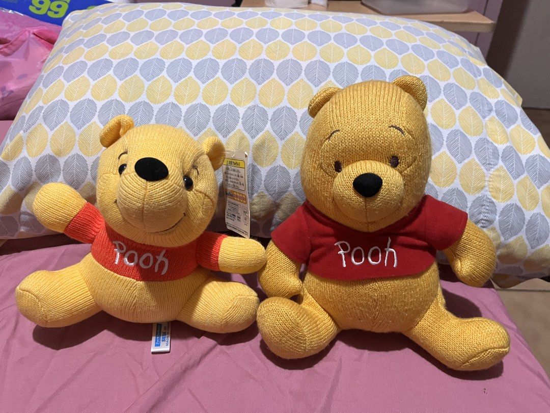 Pooh knitted plush (set) (Category: Plushies & Soft Toys) located in Paranaque City. Submitted by bonsaiart (Listing ID 1465526120, Image 1). Description: Brand new (1) Pre owned (1) Good condition Selling as set 950 +sf Payment via gcash or paymaya Shipping via j&t.