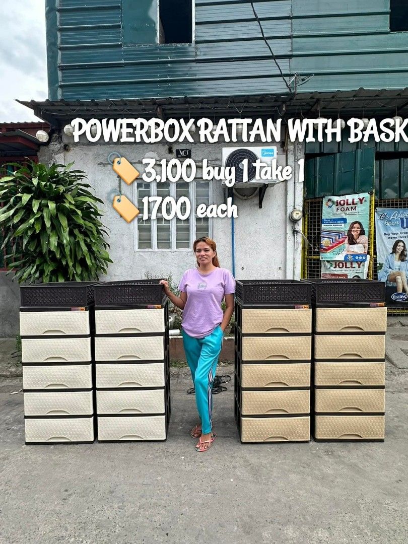 Powerbox Rattan Storage Cabinet with Basket (Category: Shelves, Cabinets & Racks) located in Manila. Submitted by omsiminingiri3122 (Listing ID 1465572608, Image 1). Description: - Item: Powerbox Rattan Storage Cabinet Buy 1 Take 1 - Design: 5 beige drawers with a top basket and dark brown frame - Material: Sturdy, durable plastic - Use: Spacious compartments perfect for home organization - Price: ₱1,700 each or ₱3,100 for a pair - Send a message