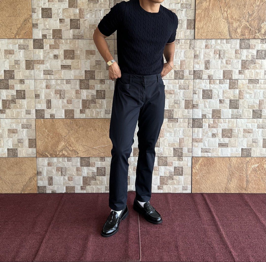 PRADA - RED TAG FLAT FRONT TROUSERS (Category: Other Bottoms) located in Bacolod City. Submitted by timelessbyjosh (Listing ID 1465440637, Image 1). Description: BEST FOR CASUAL & FORMAL OUTFITS SIZE : 44 ACTUAL COLOR : NAVY BLUE COLOR RATE : 9. 5 OUT OF 10 CONDITION : EXCELLENT MATERIAL : MADE IN : BULGARIA FLAWS : NONE DIMENSIONS WAIST - 32 LENGTH - 36 THIGH - 11. 5 LEG OPENING - 7 MEASUREMENT TAKEN WHILE LAYING FLAT. PLEASE COMPARE THE MEASURE