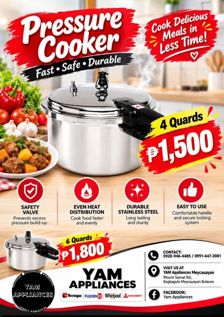 Pressure Cooker (Category: Cookers) located in Caloocan City. Submitted by yam_appliances (Listing ID 1465557310, Image 1). Description: Pressure Cooker 4quards 1,500 6quarts 1,800 hanabishi brand.