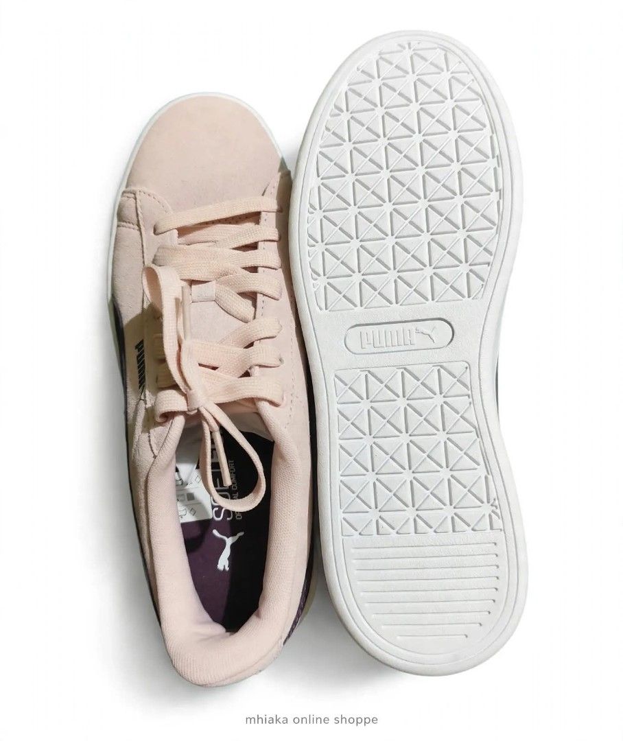 Puma Smash v2 SoftFoam Pink Sneakers size 8 (Category: Sneakers) located in Imus. Submitted by jmakati22717201 (Listing ID 1465576001, Image 3). Description: - Brand: Puma - Color: Pink with dark purple side stripes - Material: Suede upper with white rubber soles - Comfort: Equipped with SoftFoam insoles, perfect for all-day walking - Condition: Worn just a few times, soles are still completely clean - Laces: Flat laces included.