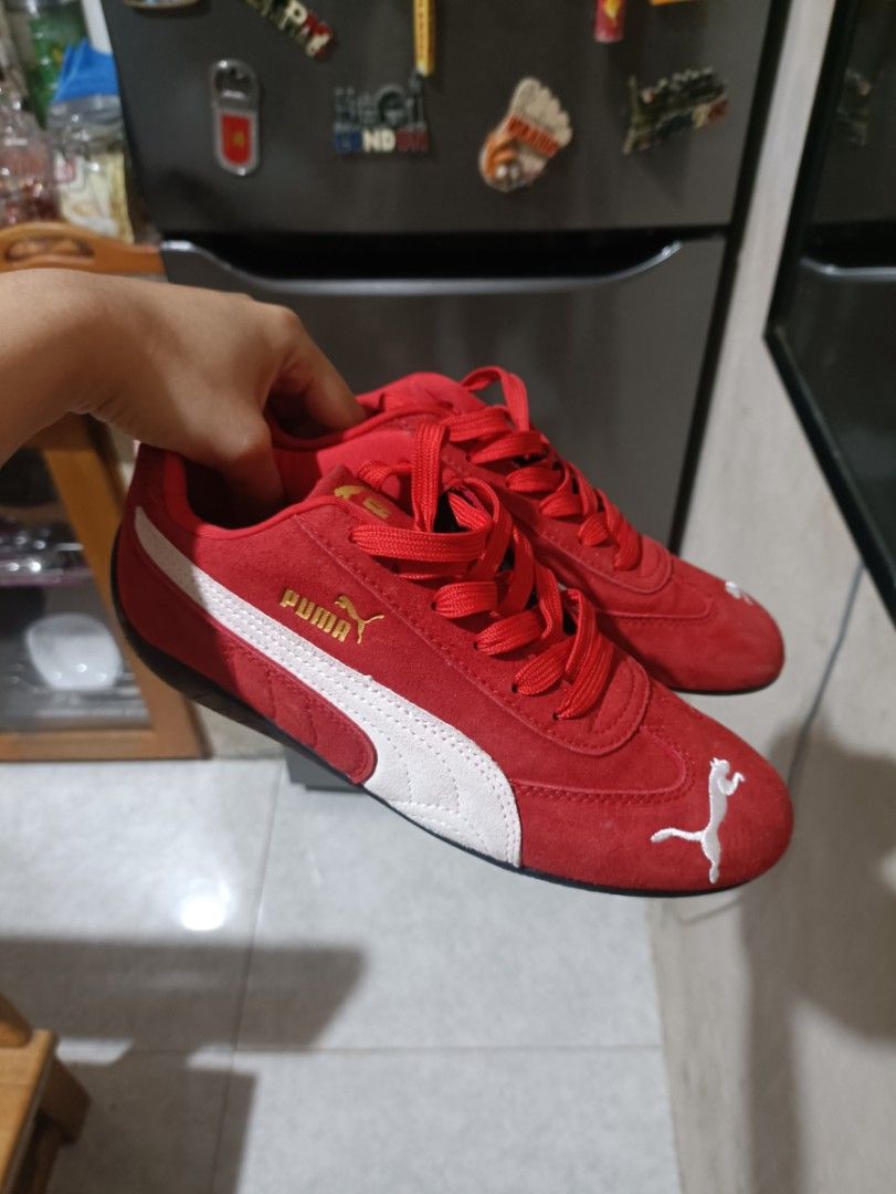 Puma Suede Red White Sneakers (Category: Sneakers) located in Manila. Submitted by couture.corner (Listing ID 1465481052, Image 1). Description: Size: 24cm but mas better if 23cm ka lang for allowance. 24cm is super sakto - Used and not abuse.