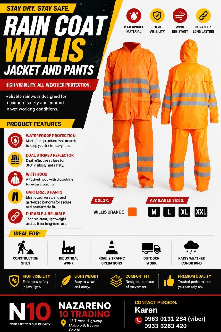 RAIN COAT WILLIS JACKET AND PANTS (Category: Looking For) located in Bacoor. Submitted by kajezame.2021 (Listing ID 1465423082, Image 1). Description: RAIN COAT WILLIS JACKET AND PANTS For More Details and Discount Contact Ms. Karen NAZARENO 10 TRADING 0963 0131 284 0933 6283 420 0956 7028 557 0933 8559 510 Landline: Look for Ms. Karen (046 ) 416 3920 Also available: • Traffic cone • Parking Block stopper • Hooded trash bin • Road Plastic Barrier
