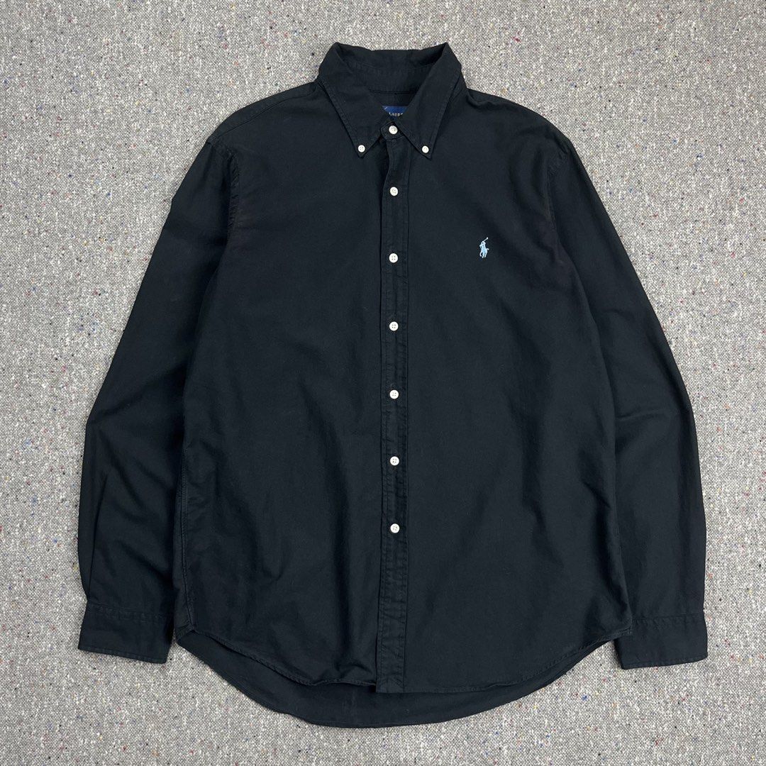 RaIph L@urén black long-sleeve button-down shirt (Category: Luxury Apparel) located in Zamboanga. Submitted by deconstrukt.fit (Listing ID 1465540015, Image 1). Description: R@Iph L@urén black long-sleeve button-down shirt It features the brand’s iconic light blue embroidered pony logo on the left chest, a button-down collar, and white buttons down the front placket. Tag size: Large Measurement (inches) Shoulder: 19” Width: 23.5” Length: 30 Front