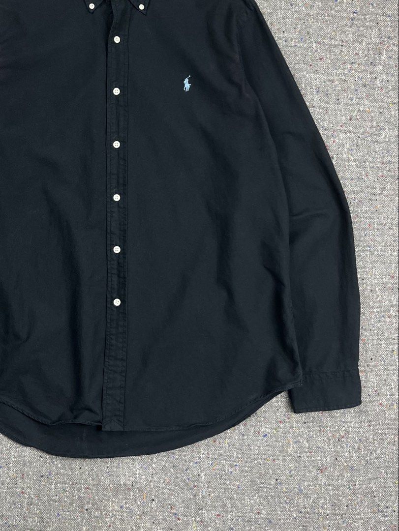 RaIph L@urén black long-sleeve button-down shirt (Category: Luxury Apparel) located in Zamboanga. Submitted by deconstrukt.fit (Listing ID 1465540015, Image 3). Description: R@Iph L@urén black long-sleeve button-down shirt It features the brand’s iconic light blue embroidered pony logo on the left chest, a button-down collar, and white buttons down the front placket. Tag size: Large Measurement (inches) Shoulder: 19” Width: 23.5” Length: 30 Front