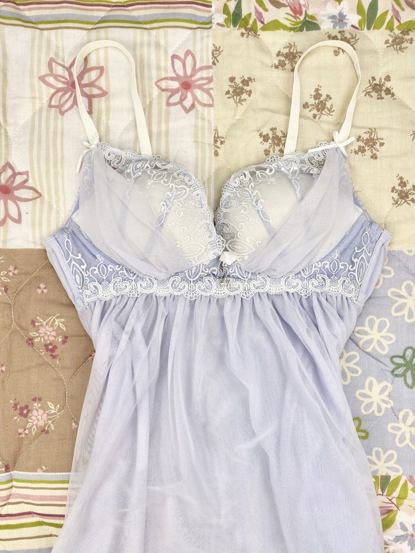 Random Light Blue Lace Babydoll Camisole (Category: Sleeveless) located in Angeles City. Submitted by fruits.ph (Listing ID 1465435217, Image 3). Description: Measurements B:13-15” W:13-15” L:18”(w/o straps) Size on Tag: ❌ Best Fit: XS-S *Flat lay measurements* Mannequin Size: M (34”; 25”) Color Rate: 10/10 Flaws: Black marks on straps (See photos attached) Fabric Type: Mesh/ Non-Stretch Fabric ***Color may vary due to lighting. This item is prop