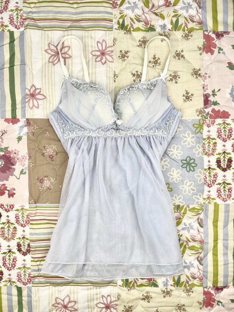 Random Light Blue Lace Babydoll Camisole (Category: Sleeveless) located in Angeles City. Submitted by fruits.ph (Listing ID 1465435217, Image 1). Description: Measurements B:13-15” W:13-15” L:18”(w/o straps) Size on Tag: ❌ Best Fit: XS-S *Flat lay measurements* Mannequin Size: M (34”; 25”) Color Rate: 10/10 Flaws: Black marks on straps (See photos attached) Fabric Type: Mesh/ Non-Stretch Fabric ***Color may vary due to lighting. This item is prop