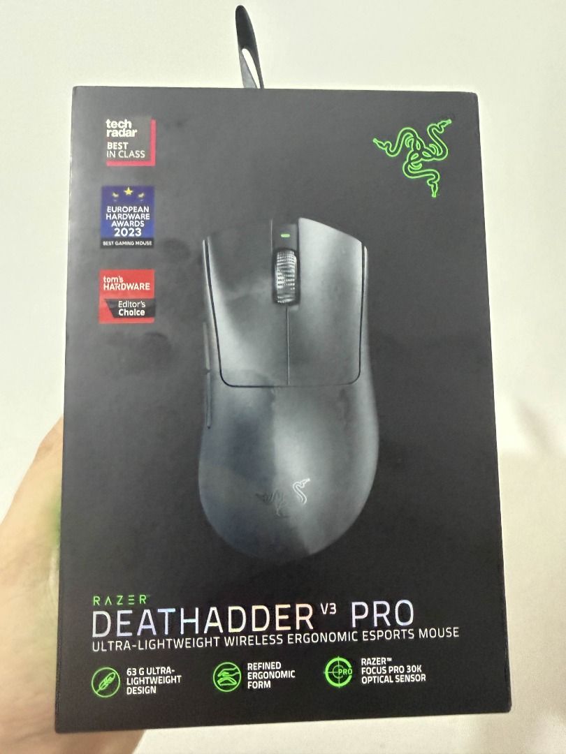Razer DeathAdder V3 Pro Wireless Esports Mouse Black (Category: Mouse & Mousepads) located in Caloocan City. Submitted by karlpatric37041 (Listing ID 1465436935, Image 3). Description: - Model: Razer DeathAdder V3 Pro Wireless Gaming Mouse - Color: Classic Black - Weight: Ultra-lightweight at just 63g for fast, effortless flick shots - Sensor & Switches: Razer Focus Pro 30K Optical Sensor & Gen-3 Optical Switches - Shape: Ergonomic esports shape 