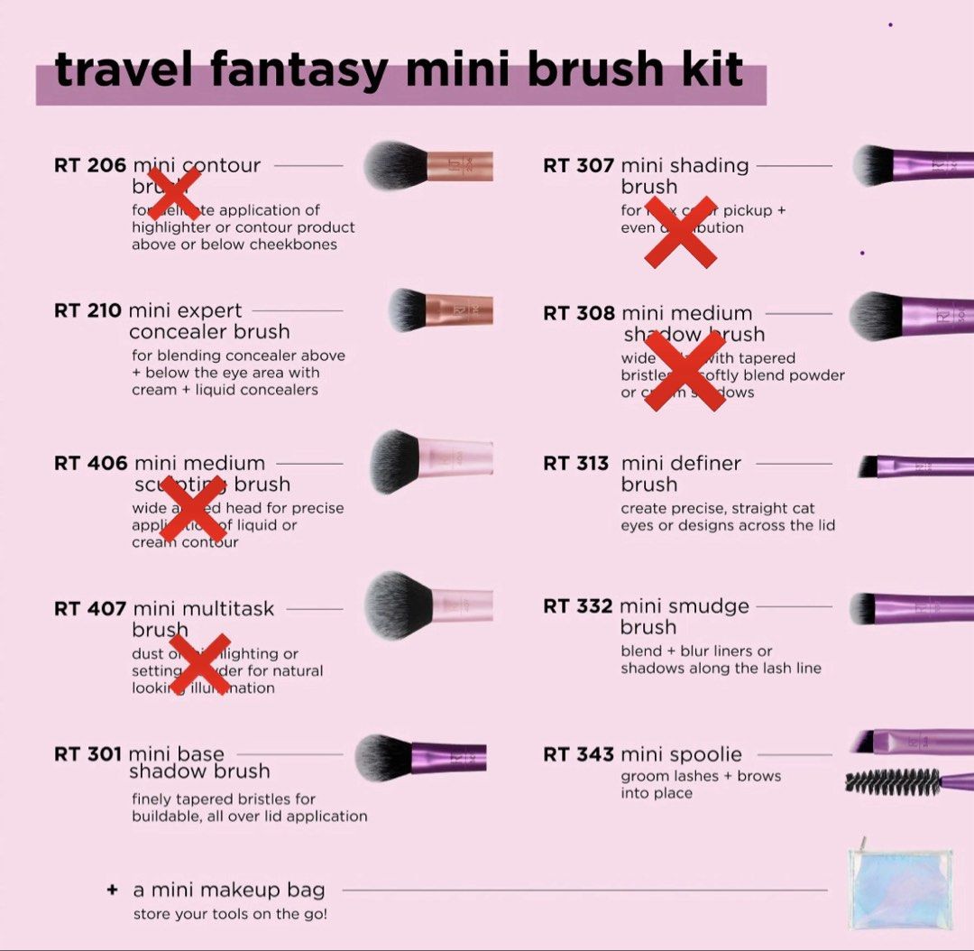 Real Techniques - Selected Mini Brushes + Pouch (Category: Makeup) located in Quezon City. Submitted by toni.rose (Listing ID 1462051397, Image 2). Description: - Real Techniques Travel Fantasy Mini Brush Kit - Only selected brushes for sale - Please see 2nd photo (marked X not included) - Comes with a mini makeup bag - Bought from Real Techniques La_za_ Mall in August 2026 - RFS: Got a new brush gift.