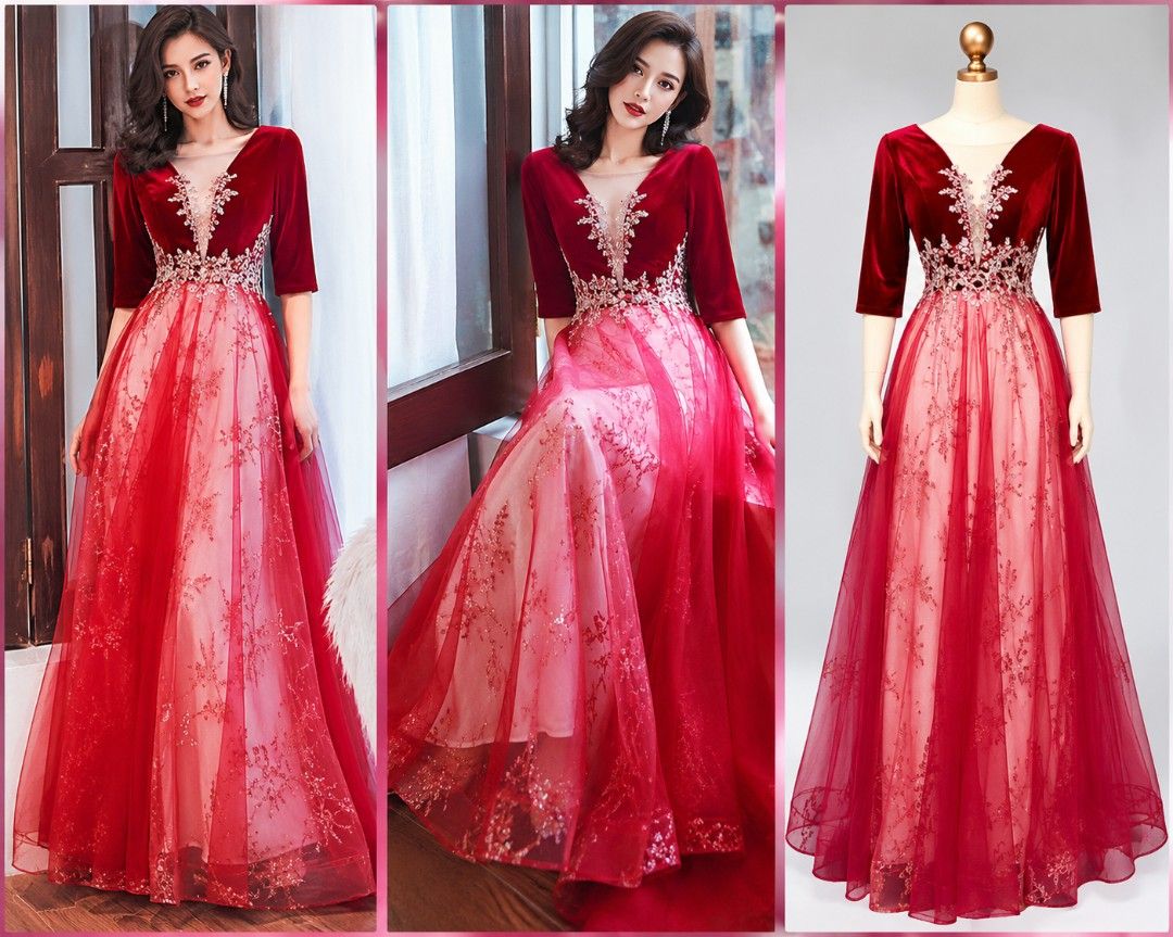 Red Elegant Gown Small to Large (Category: Evening dresses & gowns) located in Quezon City. Submitted by ccosgen (Listing ID 1465559861, Image 1). Description: ✨ Deep red velvet bodice ✨ Intricate sparkling floral embellishments ✨ Elegant V-neckline ✨ 3/4 sleeves ✨ Flowing layered tulle skirt ✨ Beautiful, feminine and elegant design ✨ Very eye-catching when worn 📌 Condition: Brand New 💰 Price: ₱1,300 📍 Location: Tunasan, Muntinlupa 💳 Payment 