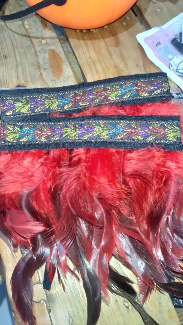 Red feather for head or hand costume (Category: Hair Accessories) located in Valenzuela. Submitted by diane.35 (Listing ID 1465482622, Image 1). Description: - Color & Material: Bright red fluffy feathers with a black fabric band - Details: Colorful embroidered pattern with elegant gold threading - Condition: Brand new, stored inside protective clear plastic packaging - Best For: Costumes, festivals, dance performances, and parties.