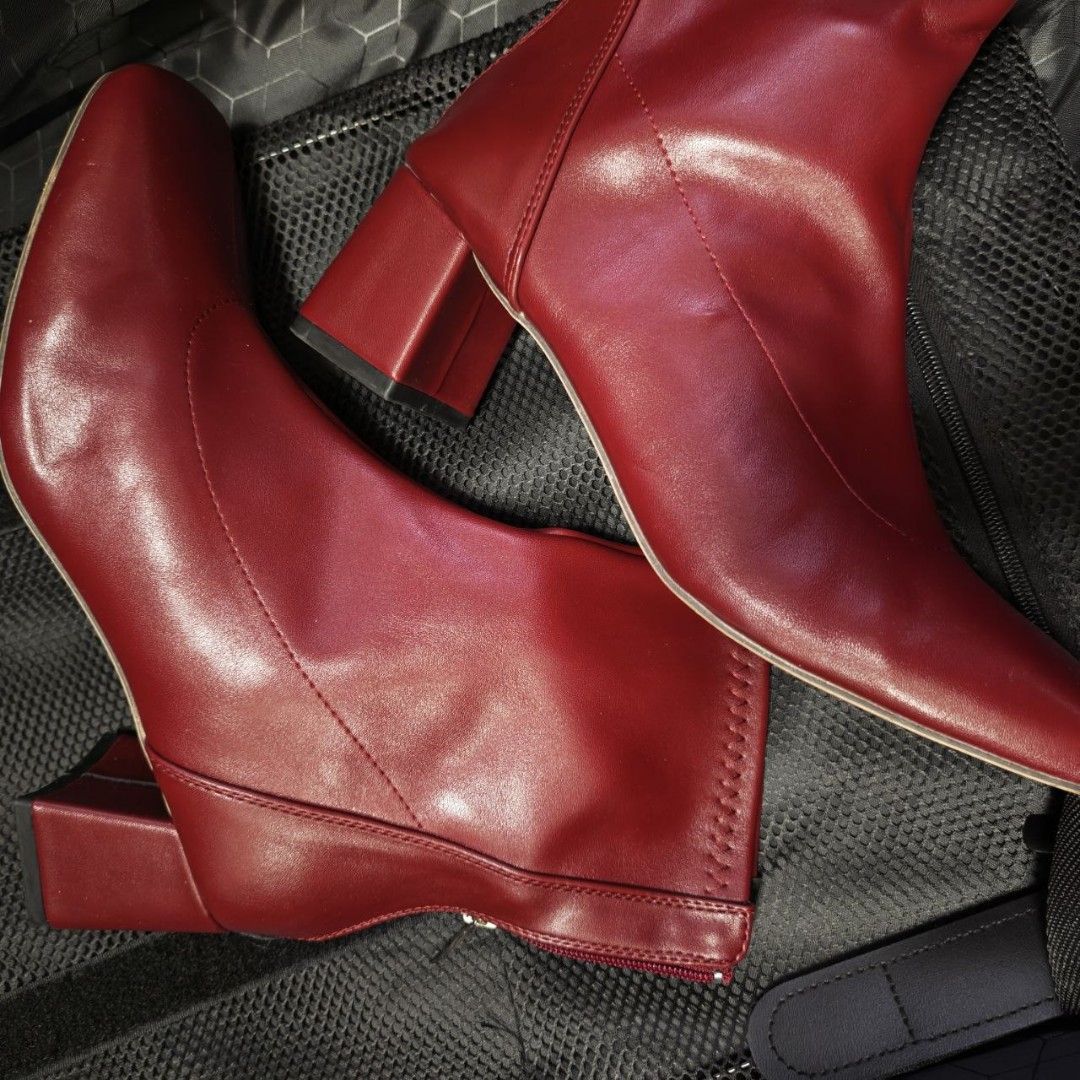 Red Leather Block Heel Ankle Boots (Category: Boots) located in Marilao. Submitted by twentyfirst01 (Listing ID 1465553100, Image 3). Description: Women's Red Boots 9US. Used once. Mint brand new condition. 1,000 php. .