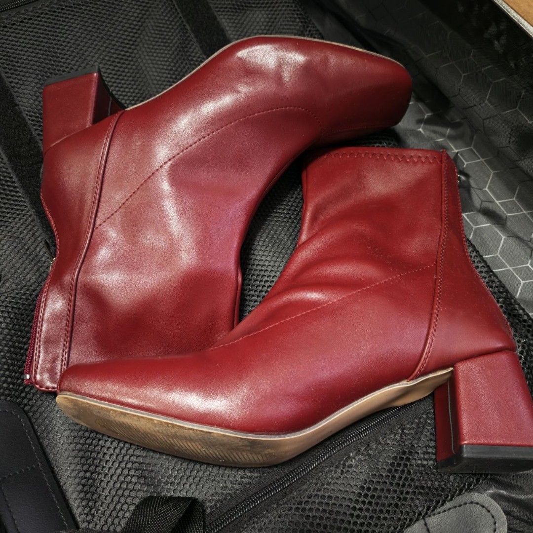 Red Leather Block Heel Ankle Boots (Category: Boots) located in Marilao. Submitted by twentyfirst01 (Listing ID 1465553100, Image 2). Description: Women's Red Boots 9US. Used once. Mint brand new condition. 1,000 php. .