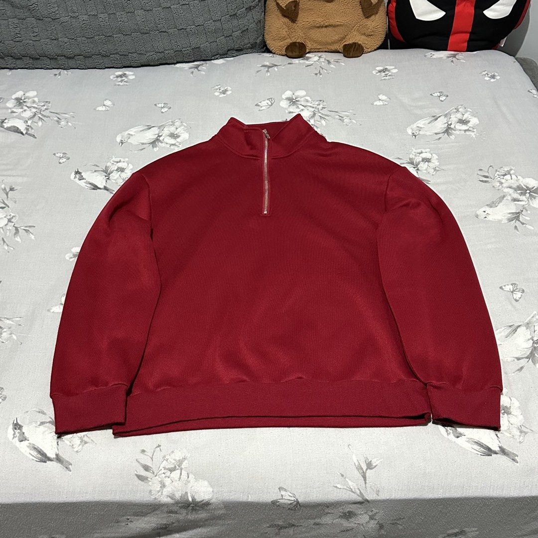 Red Maroon Quarter Zip Pullover Sweatshirt Mock Neck (Category: Coats, Jackets and Outerwear) located in Lipa City. Submitted by jecoparra (Listing ID 1465490515, Image 1). Description: - Color: Rich maroon red - Style: Quarter-zip sweatshirt with mock neck - Hardware: Silver metal zipper - Details: Ribbed cuffs and hem to retain shape - Material: Thick, comfortable, solid fabric - Fit: Easy to throw on for cooler weather with a clean finish insi