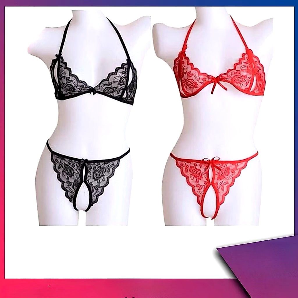 Red Sexy Lingerie set (Category: Undergarments & Loungewear) located in Valenzuela. Submitted by diane.35 (Listing ID 1465496619, Image 3). Description: - Brand new, unworn in original plastic wrap - Vibrant red sheer floral lace material - Halter-style bra with split cups - Matching open-crotch thong - Cute small bow accents on both pieces.
