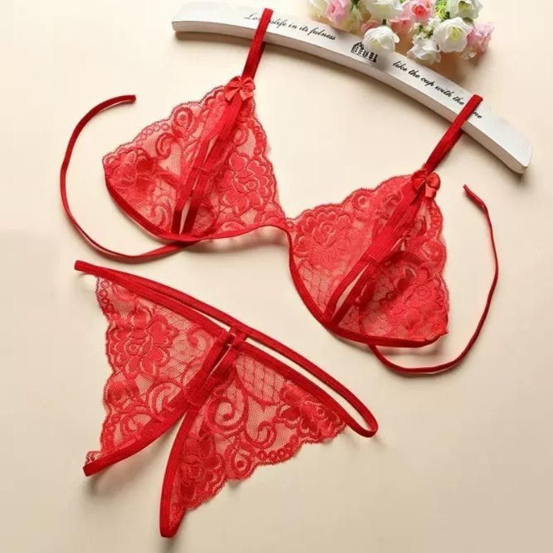 Red Sexy Lingerie set (Category: Undergarments & Loungewear) located in Valenzuela. Submitted by diane.35 (Listing ID 1465496619, Image 2). Description: - Brand new, unworn in original plastic wrap - Vibrant red sheer floral lace material - Halter-style bra with split cups - Matching open-crotch thong - Cute small bow accents on both pieces.