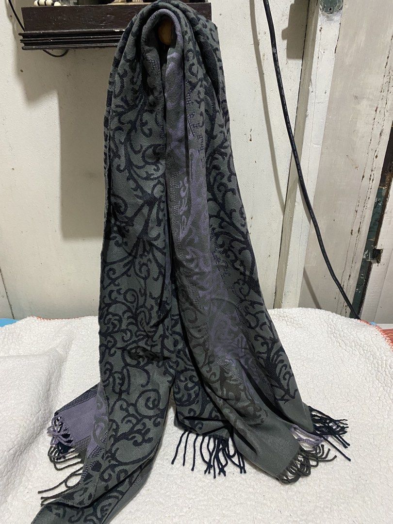 Renoma Paris Scarf with Floral Damask Pattern (Category: Scarves) located in Manila. Submitted by resi.diaz (Listing ID 1465559617, Image 1). Description: - Approx: 67 x 28 inches - Renoma Paris scarf - Colorway: Grey, charcoal, and muted purple tones - Design: Intricate damask and swirl patterns with bold vertical stripes - Details: Classic fringe on both ends and brand fabric tag - Function: Keeps you warm and stylish during cold weather or chi