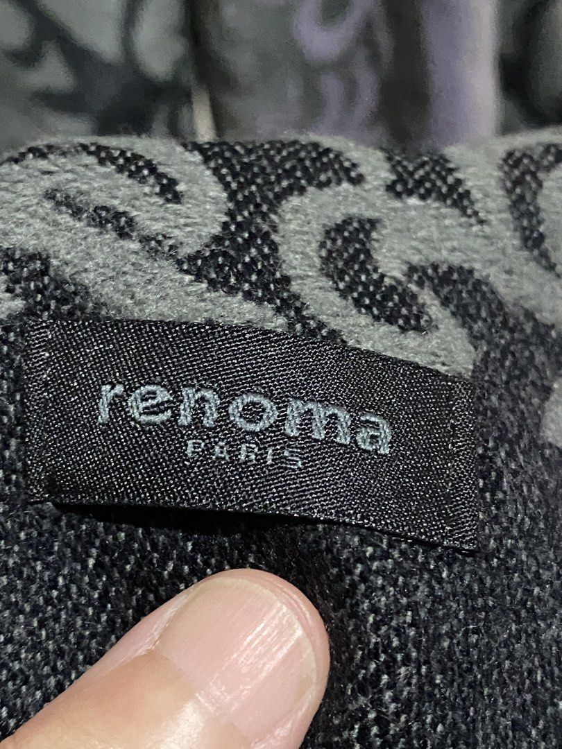 Renoma Paris Scarf with Floral Damask Pattern (Category: Scarves) located in Manila. Submitted by resi.diaz (Listing ID 1465559617, Image 2). Description: - Approx: 67 x 28 inches - Renoma Paris scarf - Colorway: Grey, charcoal, and muted purple tones - Design: Intricate damask and swirl patterns with bold vertical stripes - Details: Classic fringe on both ends and brand fabric tag - Function: Keeps you warm and stylish during cold weather or chi