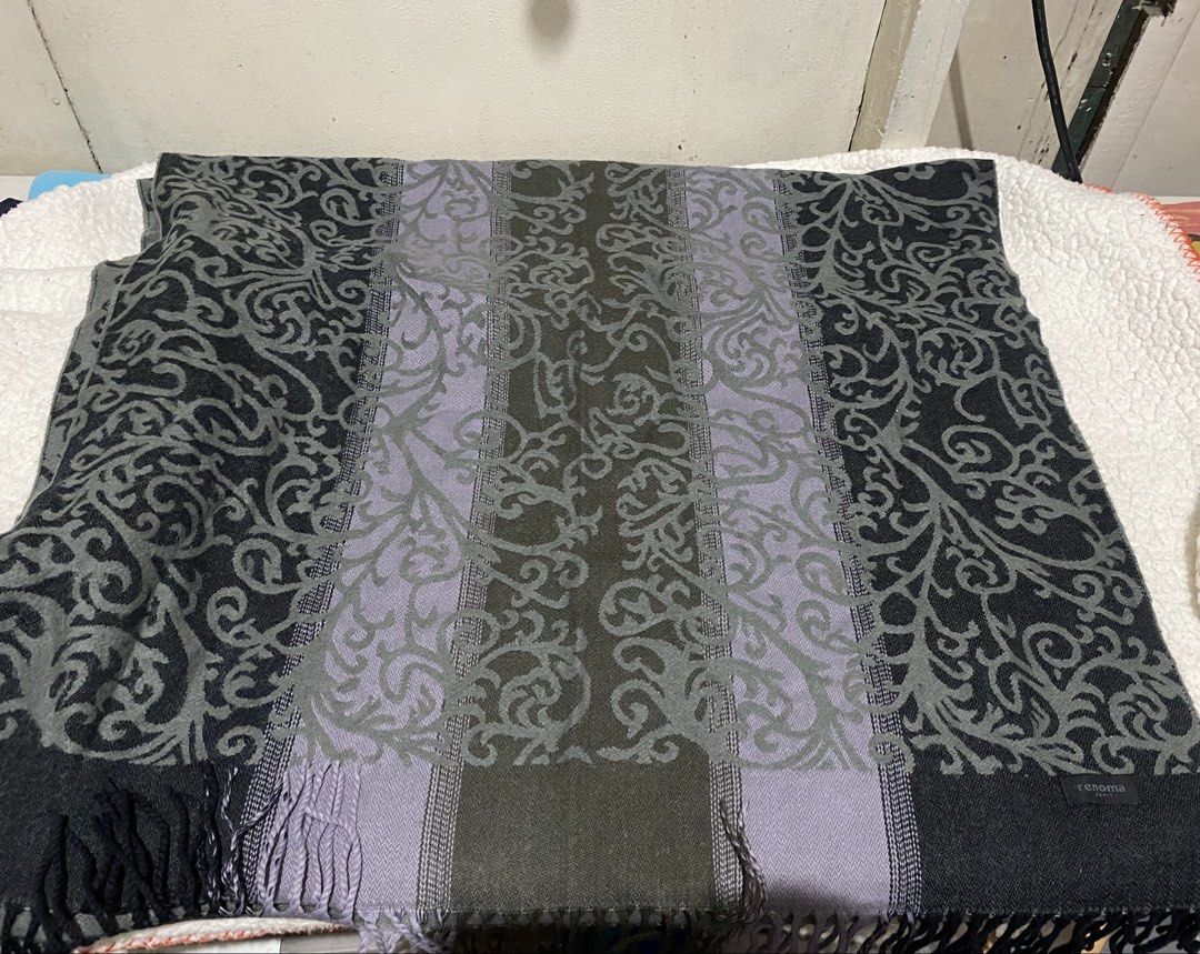 Renoma Paris Scarf with Floral Damask Pattern (Category: Scarves) located in Manila. Submitted by resi.diaz (Listing ID 1465559617, Image 3). Description: - Approx: 67 x 28 inches - Renoma Paris scarf - Colorway: Grey, charcoal, and muted purple tones - Design: Intricate damask and swirl patterns with bold vertical stripes - Details: Classic fringe on both ends and brand fabric tag - Function: Keeps you warm and stylish during cold weather or chi