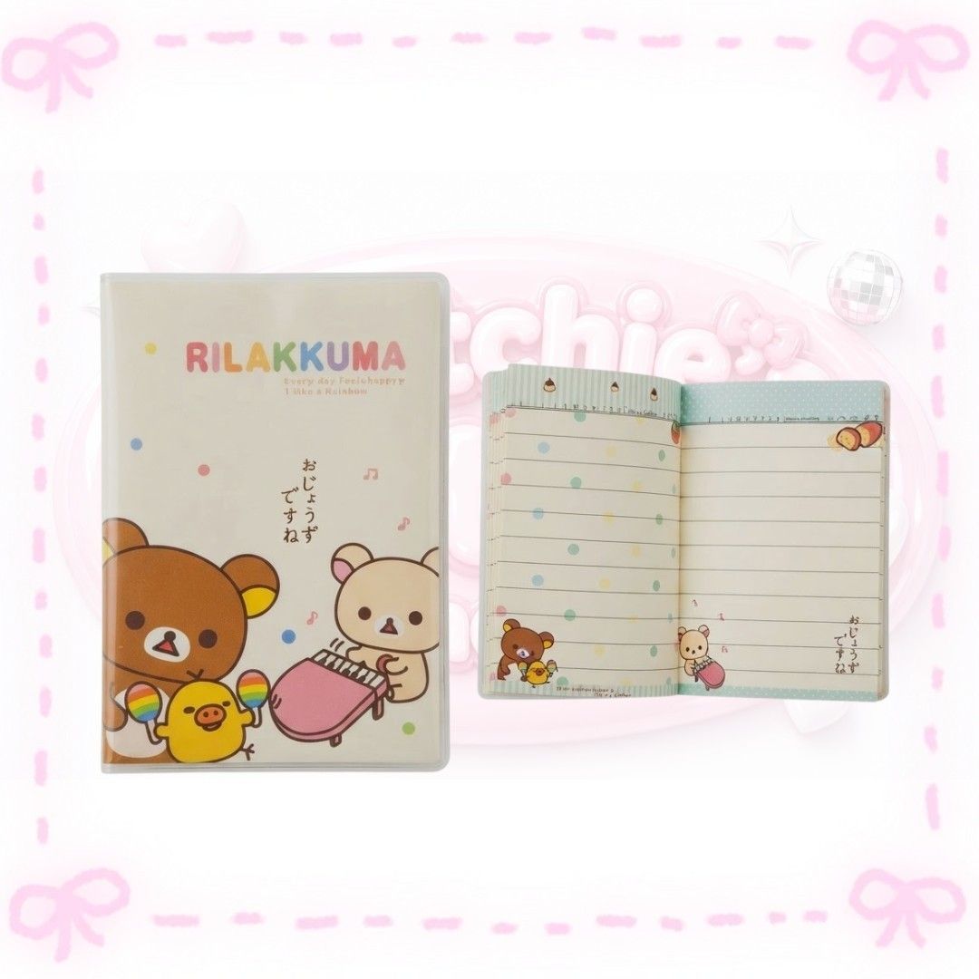 Rilakkuma mini Notebook (Category: Stationery & School Supplies) located in Sorsogon. Submitted by mitchelle0425 (Listing ID 1465527564, Image 1). Description: - Cute Rilakkuma, Korilakkuma, and Kiiroitori musical cover design - Standard A5 size, perfect for everyday use - Includes a durable clear protective cover - Brand new and unused, 100% clean pages with no writing - Features adorable pastel dot lines and cute corner illustrations on every p