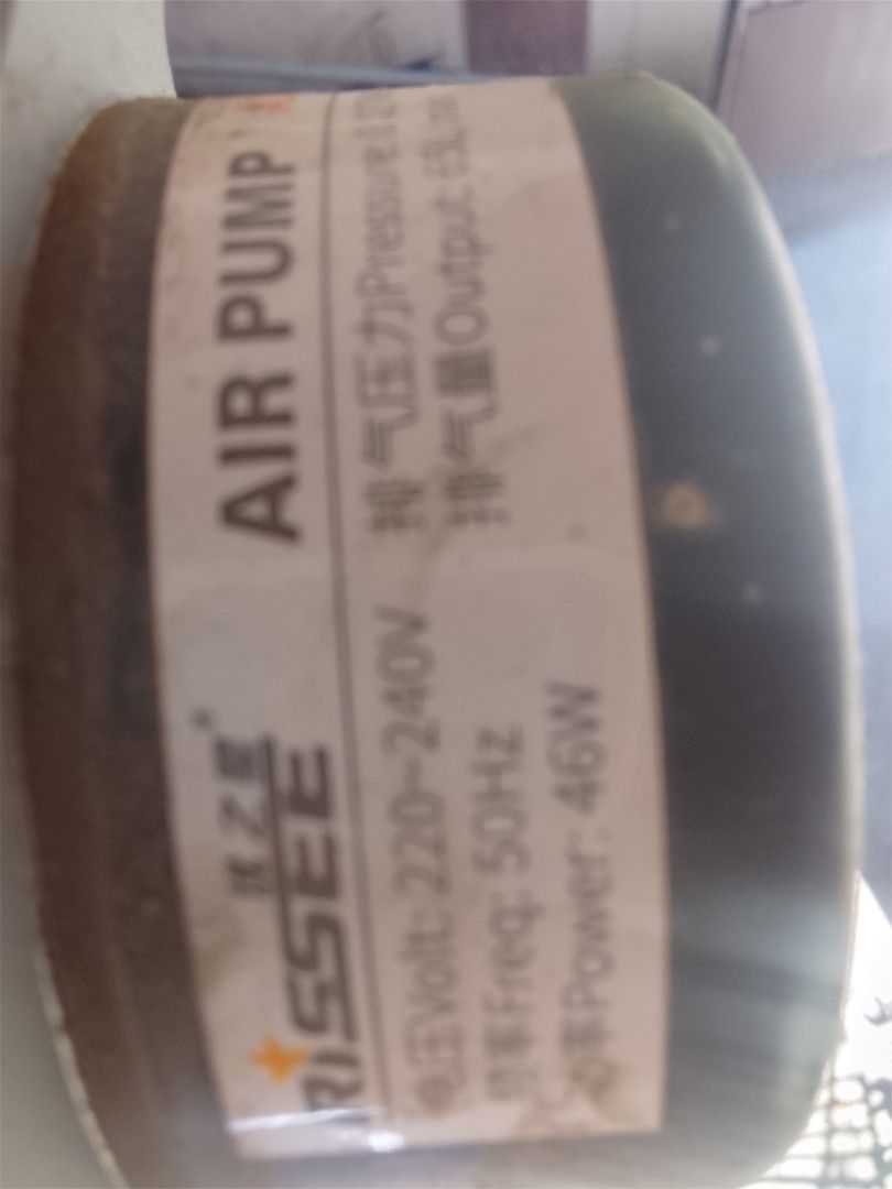 Rissee 46W Electromagnetic Air Pump 220V-240V (Category: Electrical, Adaptors & Sockets) located in Calamba. Submitted by legaspijos30121 (Listing ID 1465482878, Image 3). Description: - Brand: Rissee Heavy Duty Air Pump - Power: 220V-240V, 50Hz, 46W output - Build: Sturdy metal casing with built-in cooling fins - Inclusions: Standard outlet and blue pipe connection attached - Condition: Tested, 100% working, dusty from storage - Ideal for: Ponds