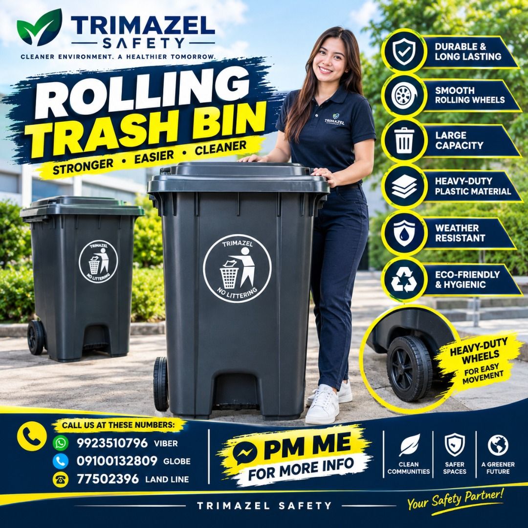ROLLING TRASH BIN (Category: Local Eats) located in Caloocan City. Submitted by trzl_liza14 (Listing ID 1465398164, Image 1). Description: ✅ Guaranteed lowest price ✅ Quality products ✅ Big discount for bulk orders ✅ 100% LEGIT TRUSTED SUPPLIER! ✅ With Complete Legal Documents ✅ BIR Registered We Supply All Kinds Of PPE Supplies, Raincoat, Hard Hat, Cooler Box, Plastic Trash Bin, Road Barriers, Kayak Boats, Crystal Kayak, Traffic Cone, T-Bollards