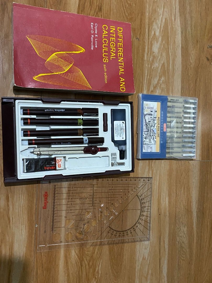 Rotring Technical Pen Set and Calculus Textbook Bundle (Category: Stationery & School Supplies) located in Oas. Submitted by noblehorse.394f5b (Listing ID 1465510187, Image 2). Description: - Calculus textbook, 6th edition (heavy, red cover) - Rotring technical pen set in a brown case (includes multiple nibs, compass, eraser, ink bottle, and mechanical pencil) - Extra set of fineliners in original plastic packaging - Clear plastic set square rule