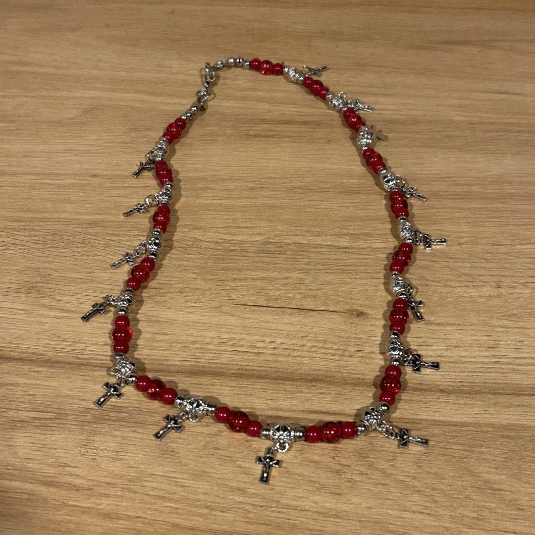 ruby beaded cross necklace (Category: Necklaces) located in Manila. Submitted by sophialeigh (Listing ID 1465521052, Image 1). Description: handmade jewelry - stainless - adjustable - non tarnish 🏷️ alt y2k beads chainmail accessories gothic .